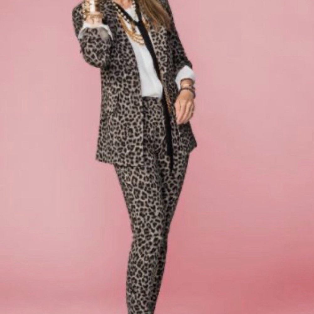 CAbi jungle grey and black leopard print blazer & pants set size 4